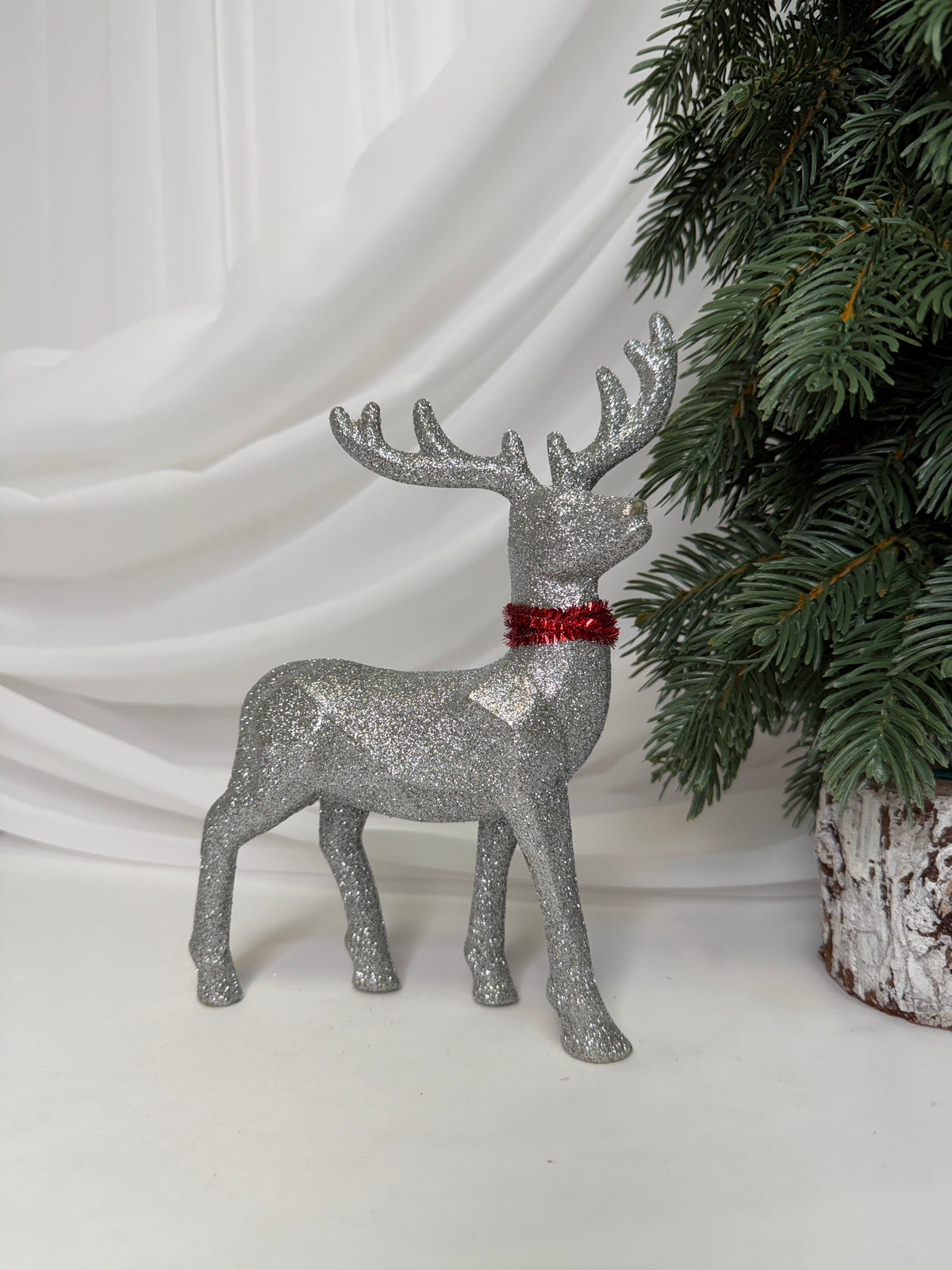Decoratiune Craciun Ren In Picioare Cu Sclipici Argintiu 21,5cm 019