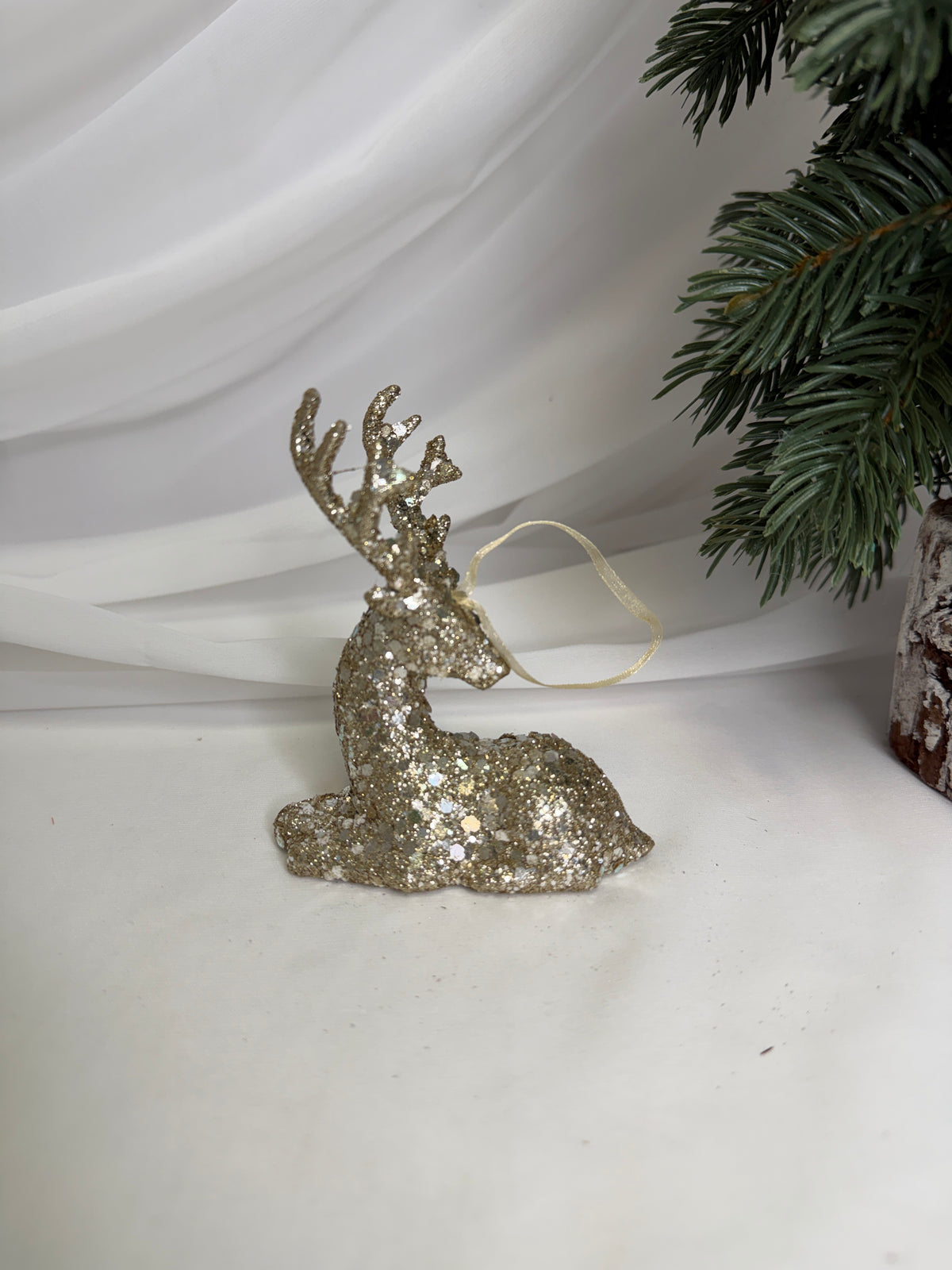 Decoratiune Craciun Ren Sta jos Cu Sclipici Sampanie 10cm 016