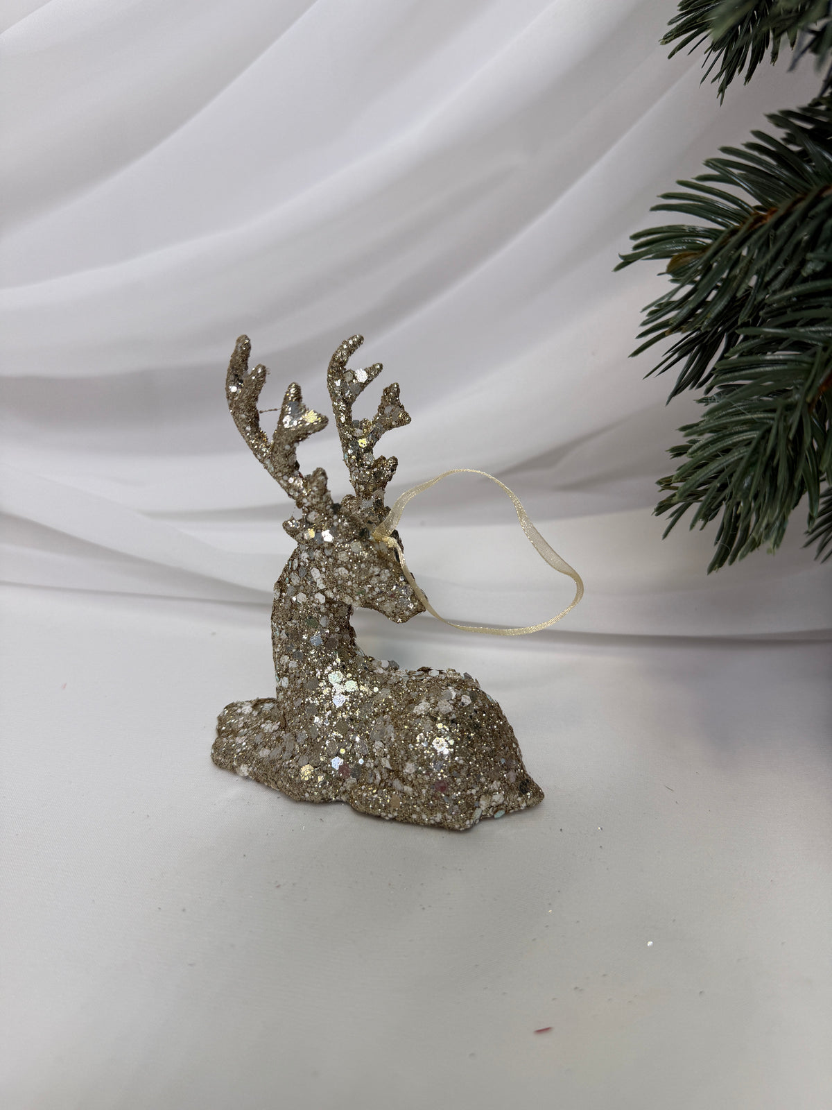 Decoratiune Craciun Ren Sta jos Cu Sclipici Sampanie 10cm 016