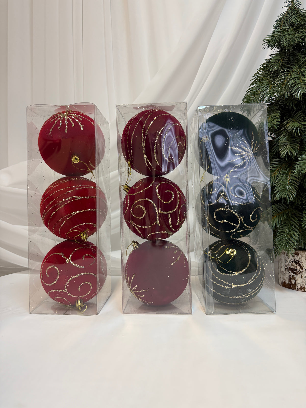 Glob Brad Craciun 3/set  10cm  Catifea Cu Sclipici Auriu
