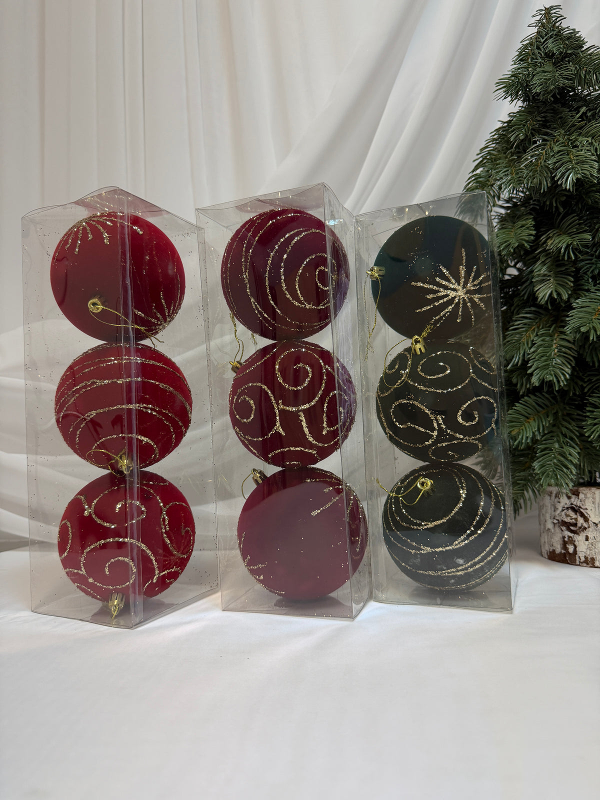 Glob Brad Craciun 3/set  10cm  Catifea Cu Sclipici Auriu