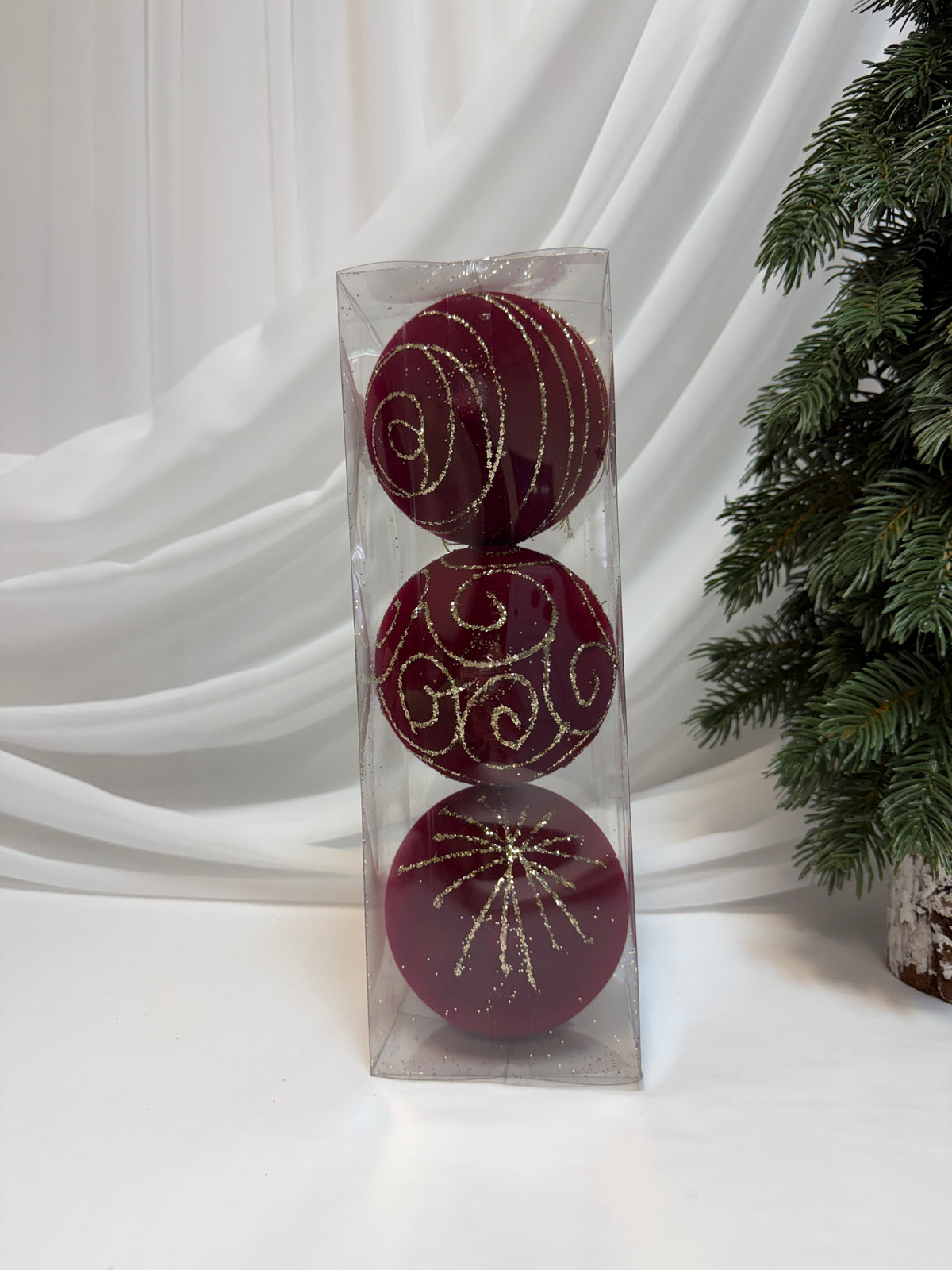 Glob Brad Craciun 3/set  10cm  Catifea Cu Sclipici Auriu