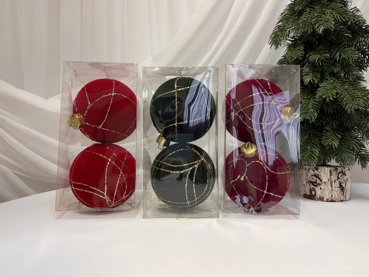 Glob Brad Craciun 2/set  12cm  Catifea Cu Sclipici Auriu