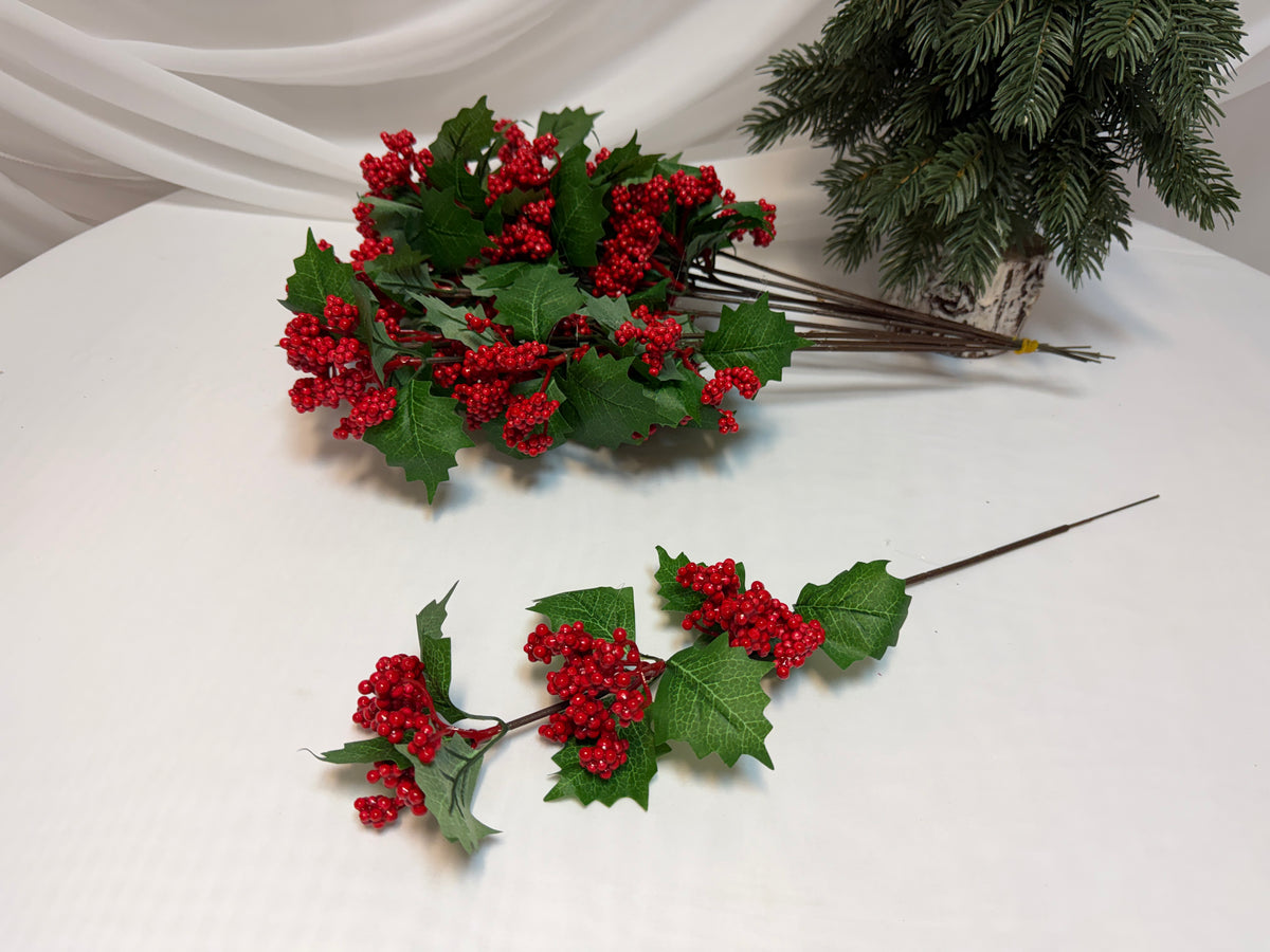 Crenguțe Decorative de Crăciun cu 3 Buchete de Scorușe Mici și Frunze Verzi, 45 cm 12/set