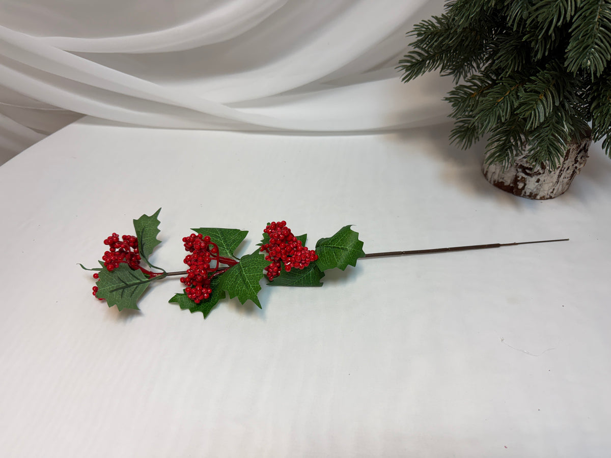 Crenguțe Decorative de Crăciun cu 3 Buchete de Scorușe Mici și Frunze Verzi, 45 cm 12/set