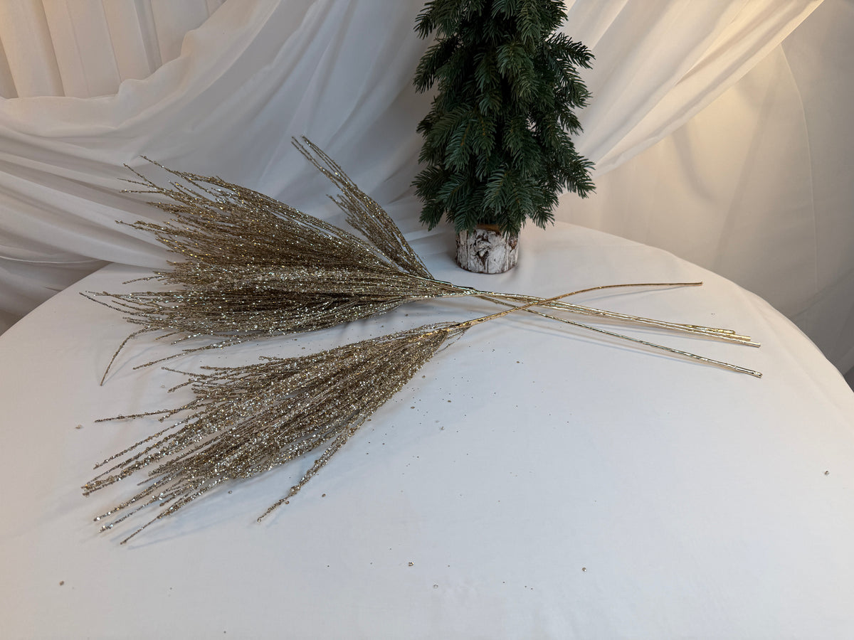 Creangă Decorativă „Măturică” cu Paiete Si Sclipici Auriu și Perluțe Albe, 83 cm 0427-2