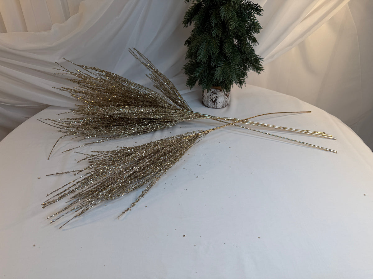 Creangă Decorativă „Măturică” cu Paiete Si Sclipici Auriu și Perluțe Albe, 83 cm 0427-2