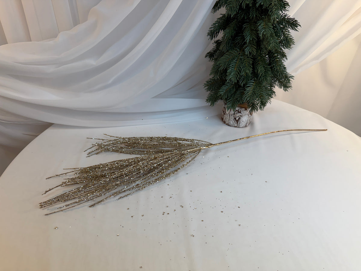 Creangă Decorativă „Măturică” cu Paiete Si Sclipici Auriu și Perluțe Albe, 83 cm 0427-2