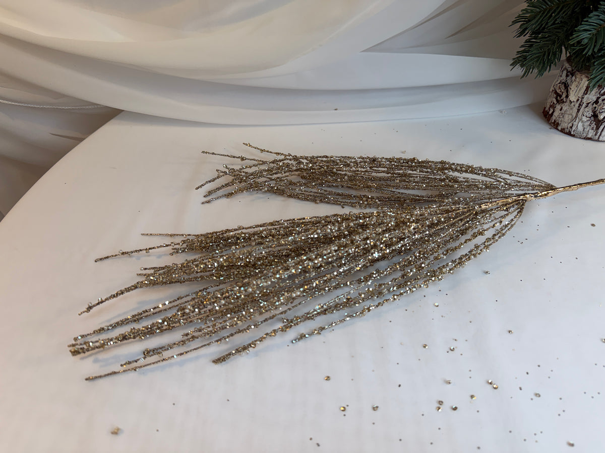 Creangă Decorativă „Măturică” cu Paiete Si Sclipici Auriu și Perluțe Albe, 83 cm 0427-2