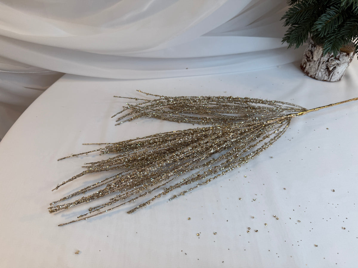 Creangă Decorativă „Măturică” cu Paiete Si Sclipici Auriu și Perluțe Albe, 83 cm 0427-2