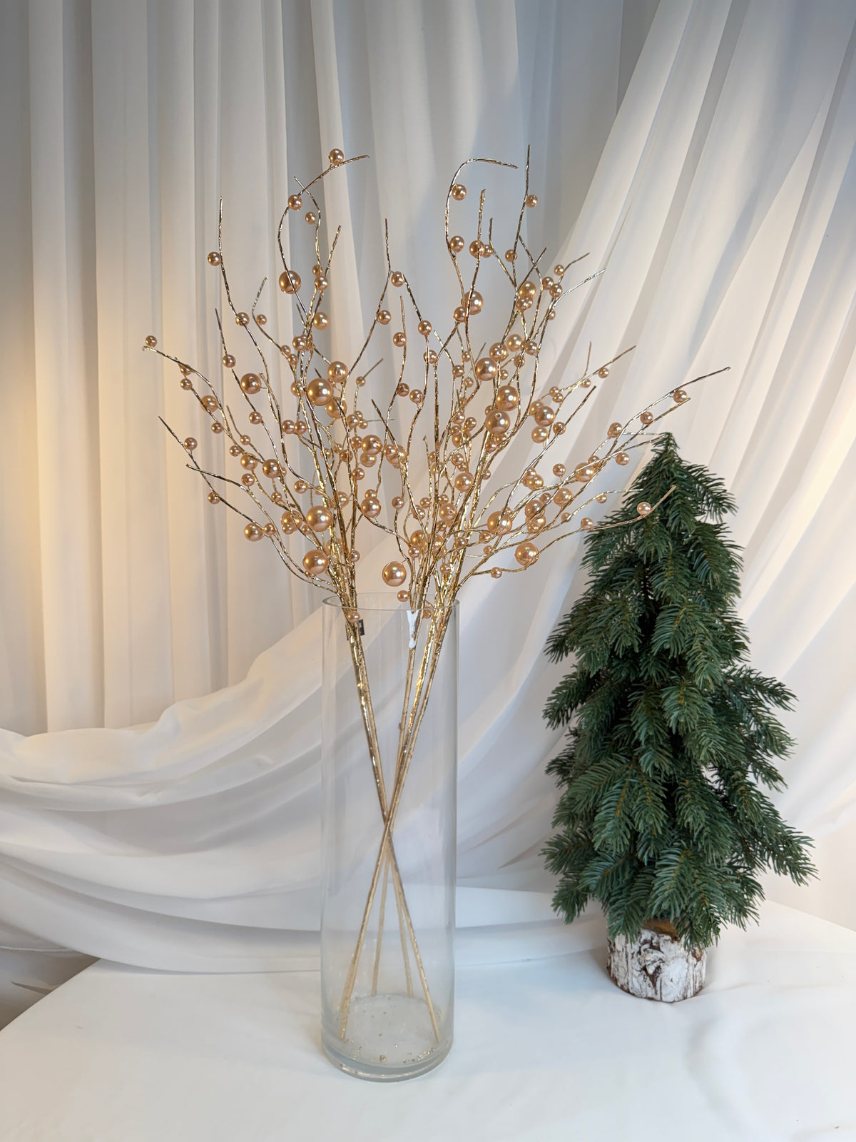 Creangă Decorativă cu Perle Aurii și Tijă din Sârmă Aurie, 71 cm