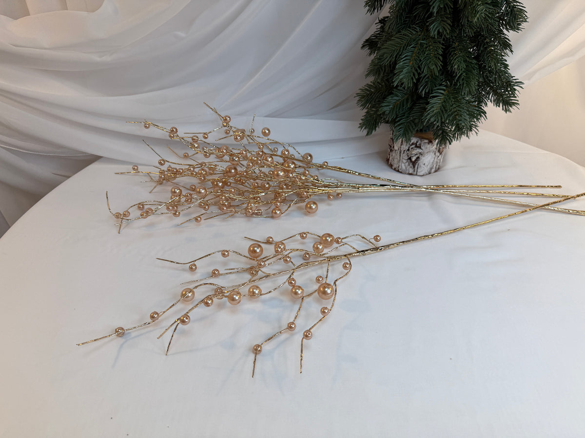 Creangă Decorativă cu Perle Aurii și Tijă din Sârmă Aurie, 71 cm