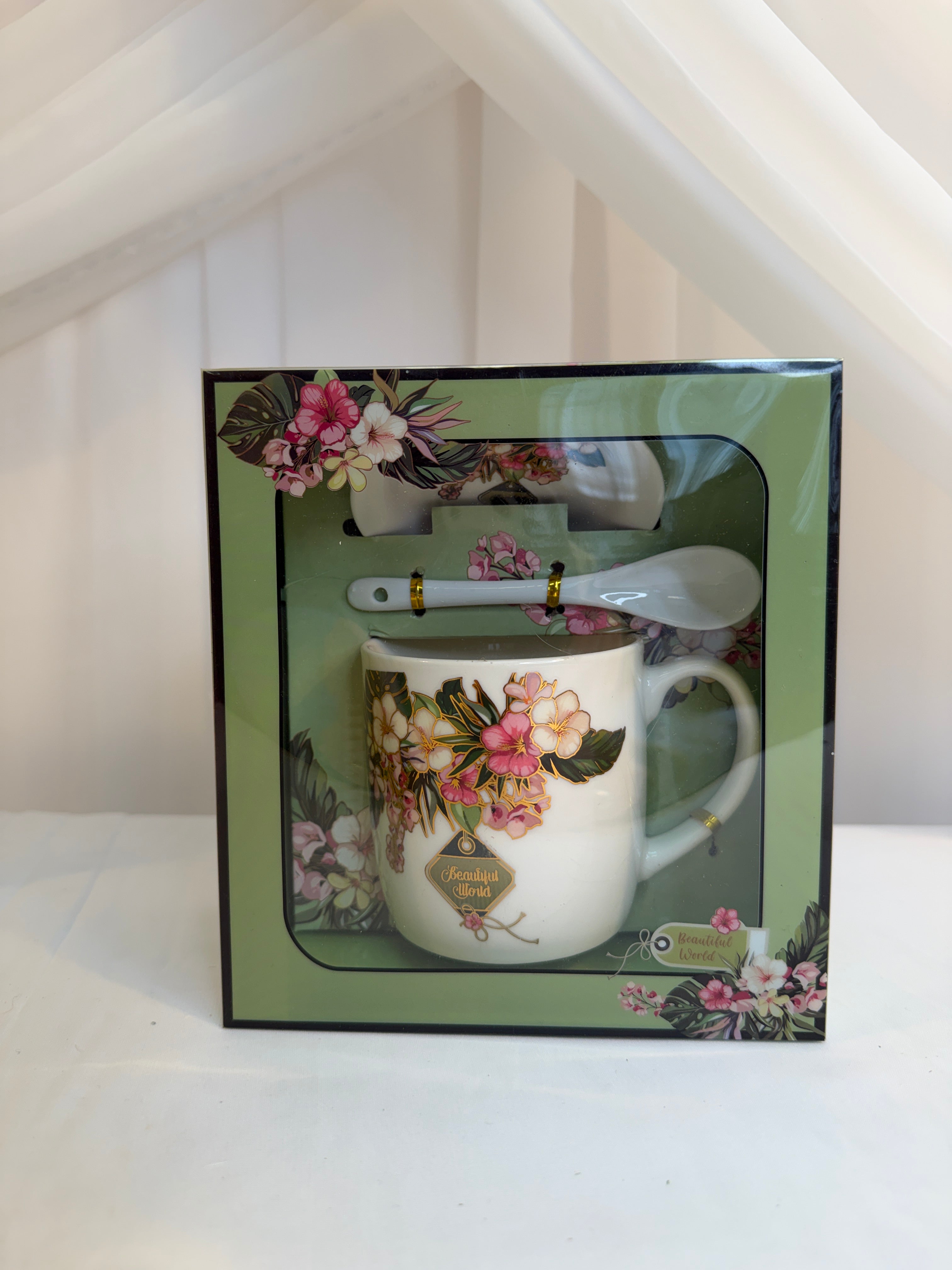 Cana Cu Lingurita Si Capac Flori Verde