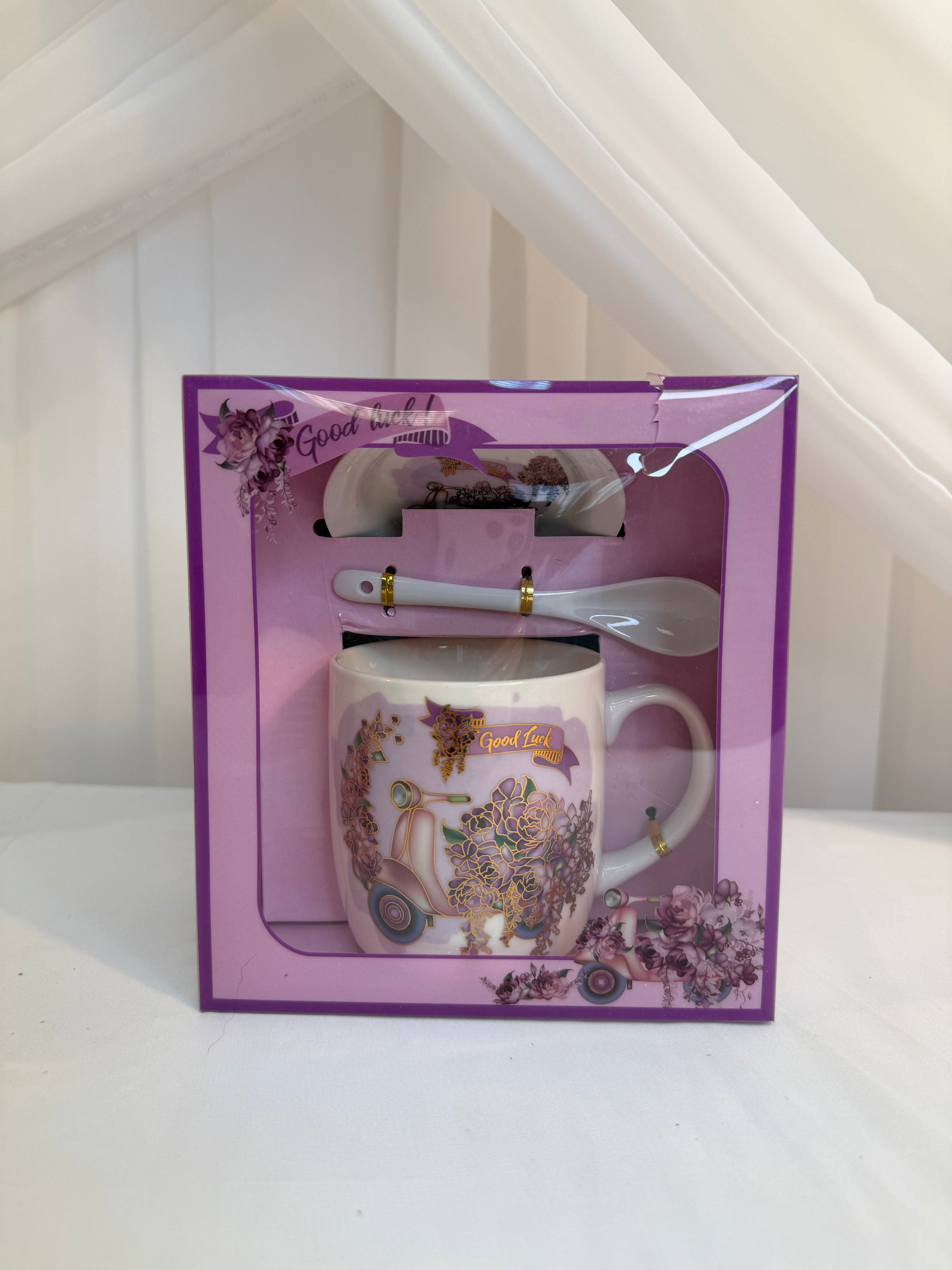 Cana Cu Lingurita Si Capac Flori Mov