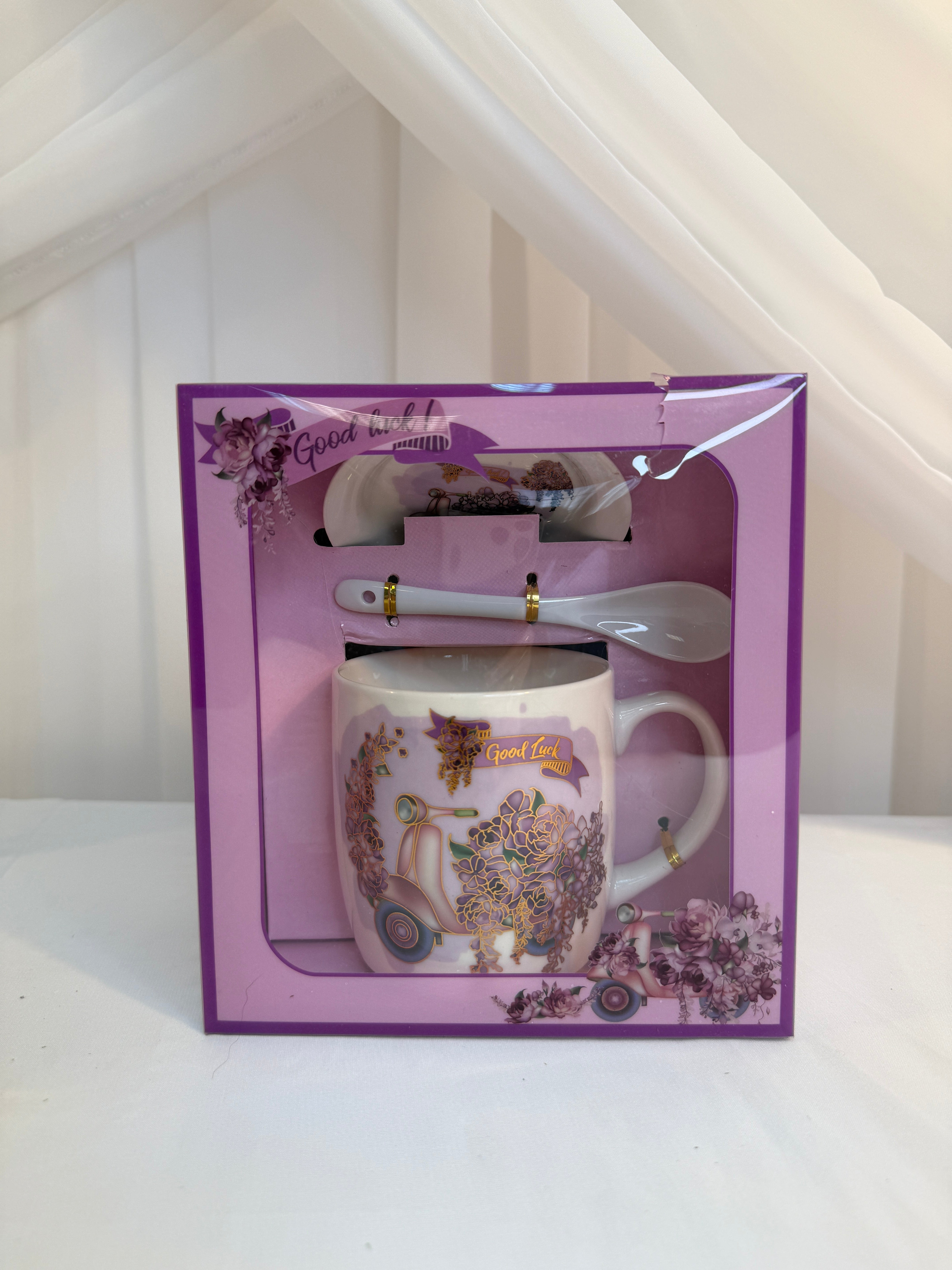 Cana Cu Lingurita Si Capac Flori Mov