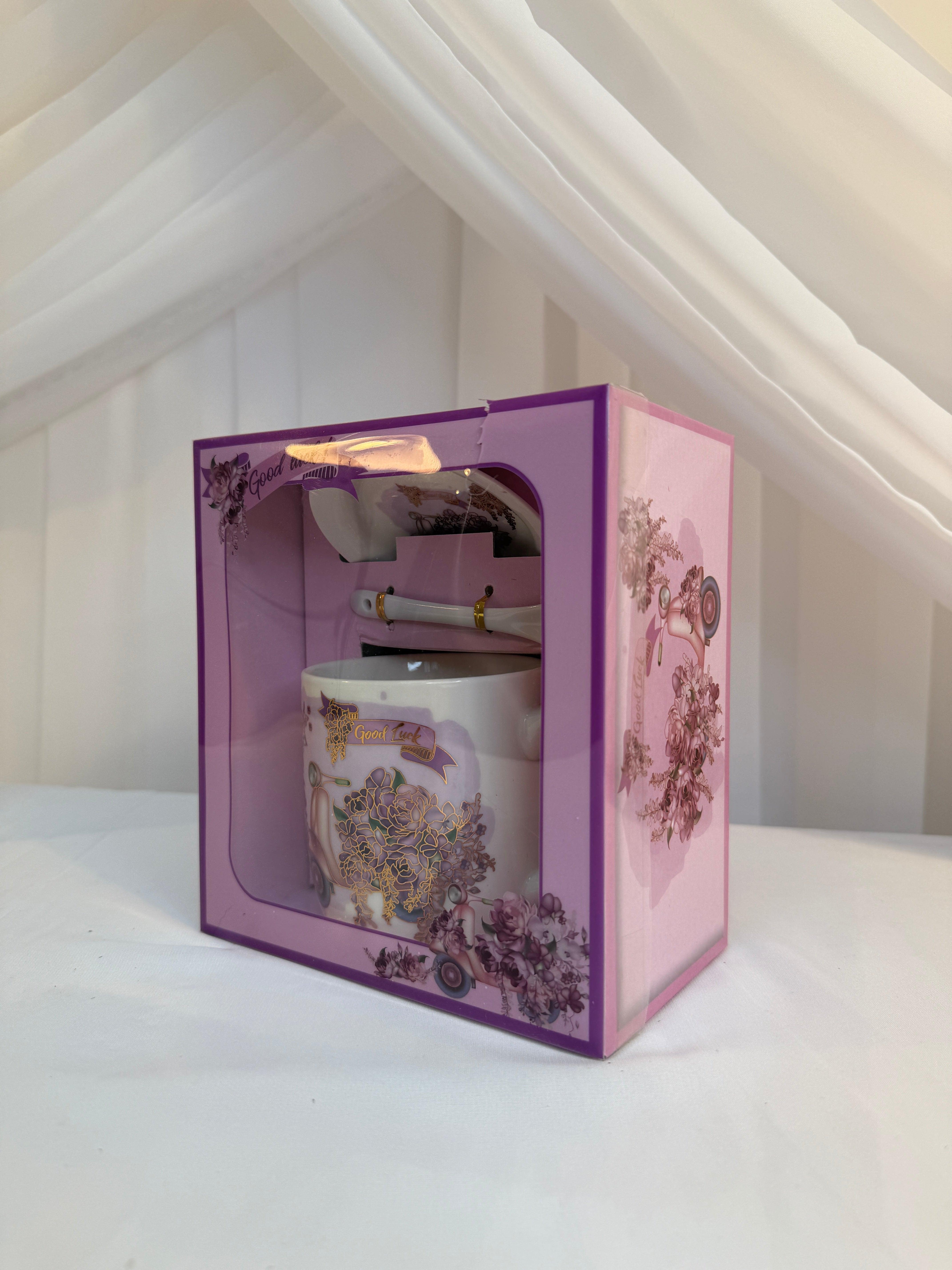 Cana Cu Lingurita Si Capac Flori Mov