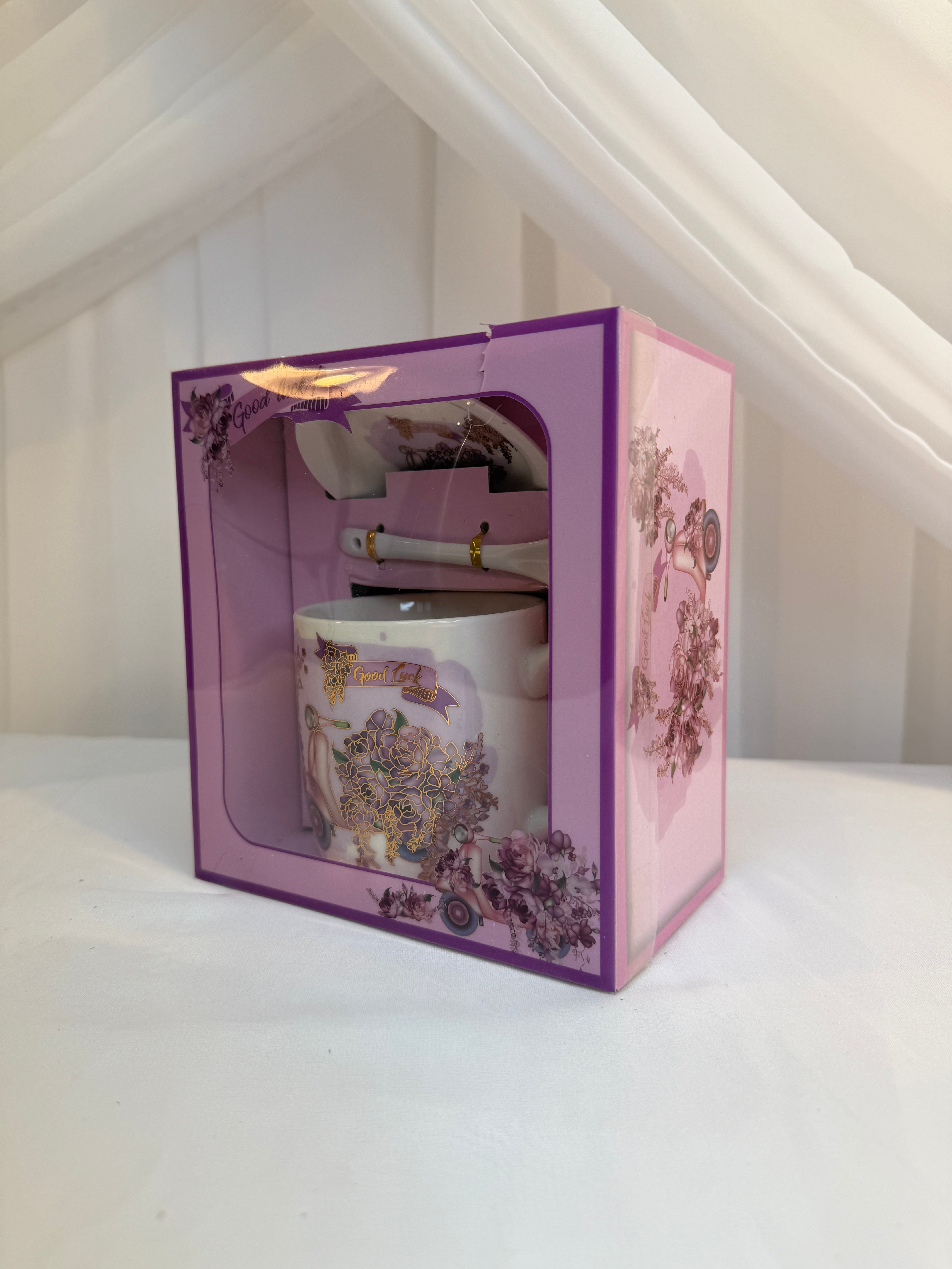 Cana Cu Lingurita Si Capac Flori Mov