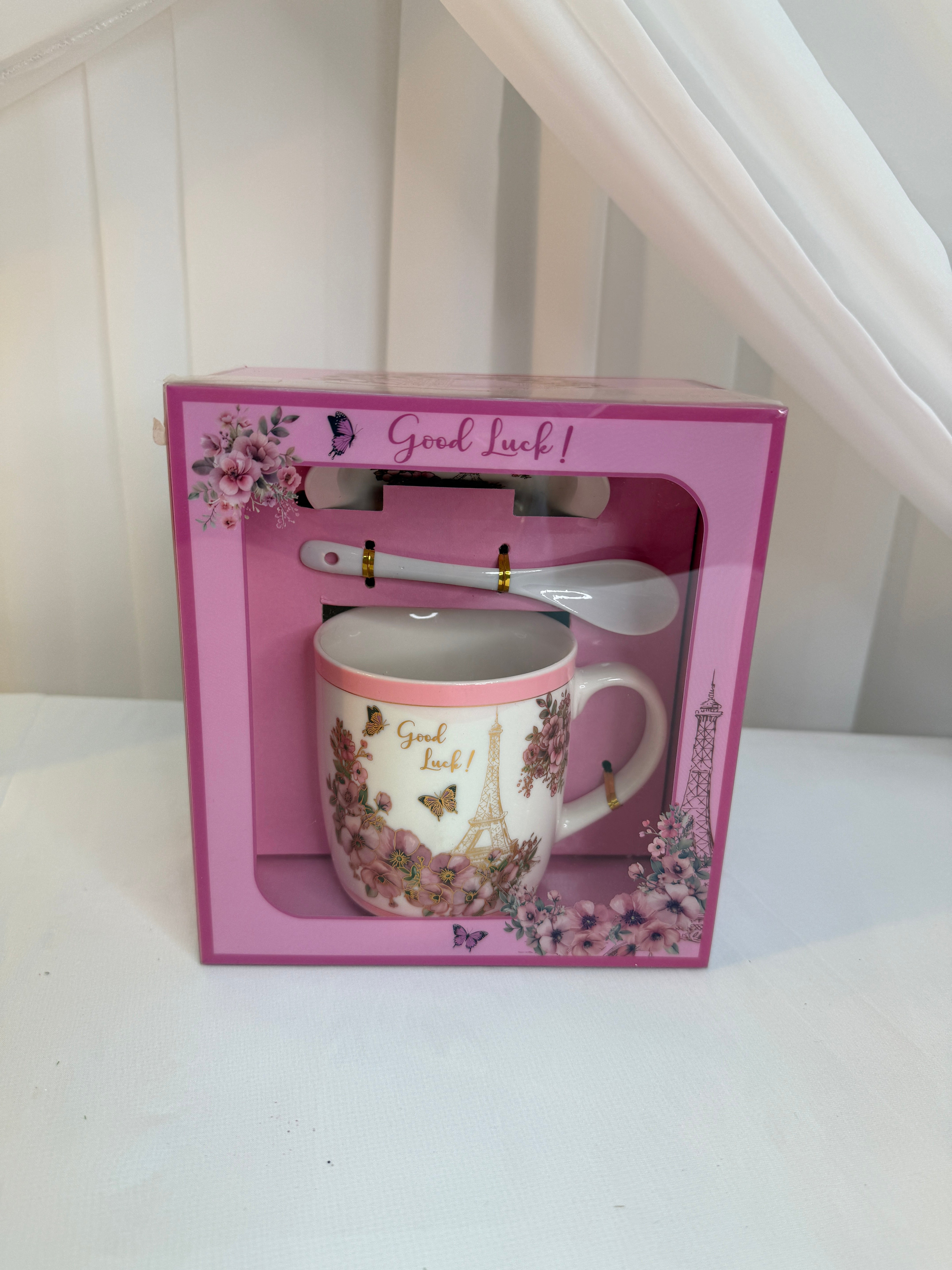 Cana Cu Lingurita Si Capac Turnu Efel Roz