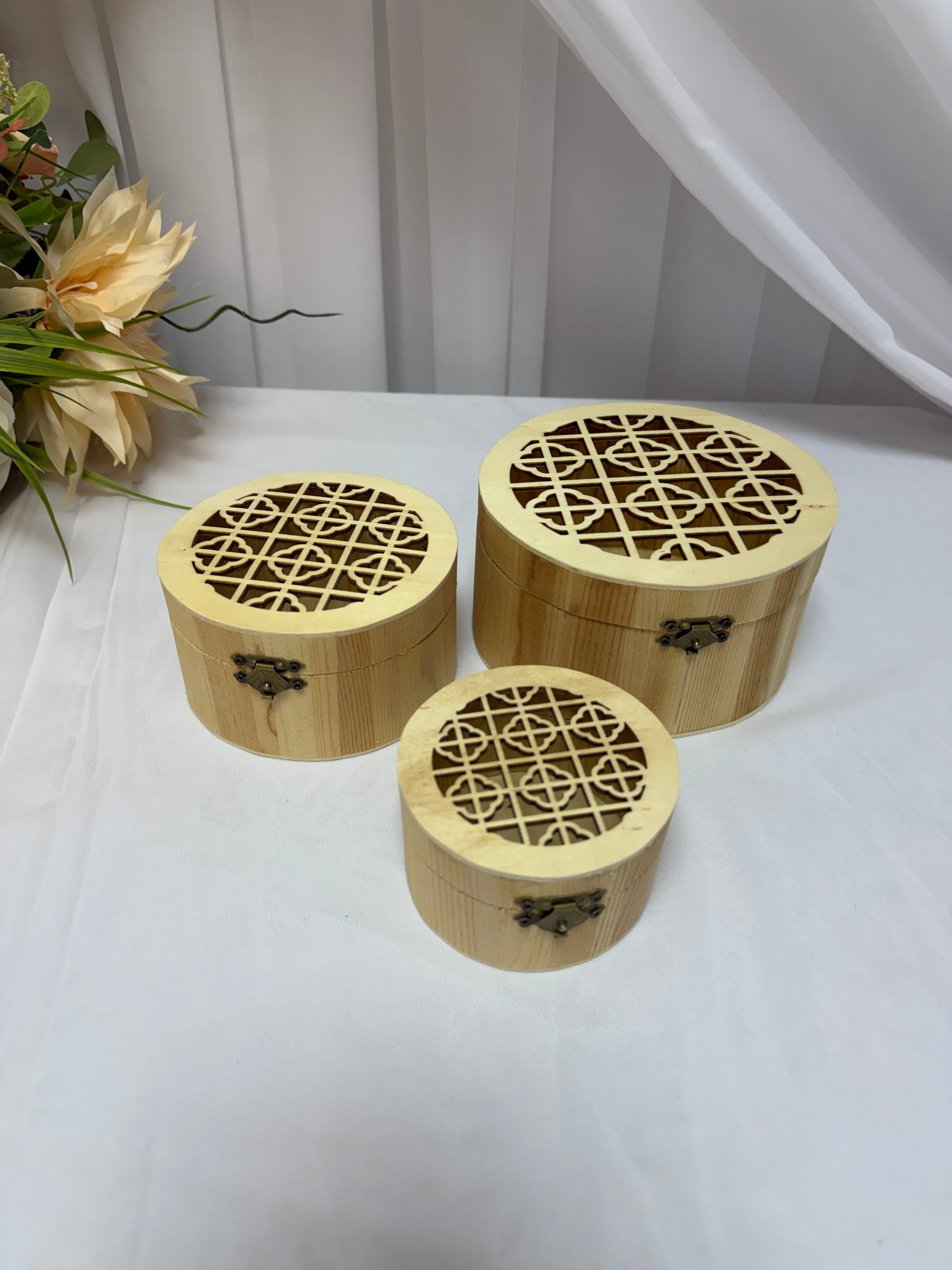 Cutie Lemn Natur Rotunda Perforat Patrat-Cercuri 3/set Rotunda