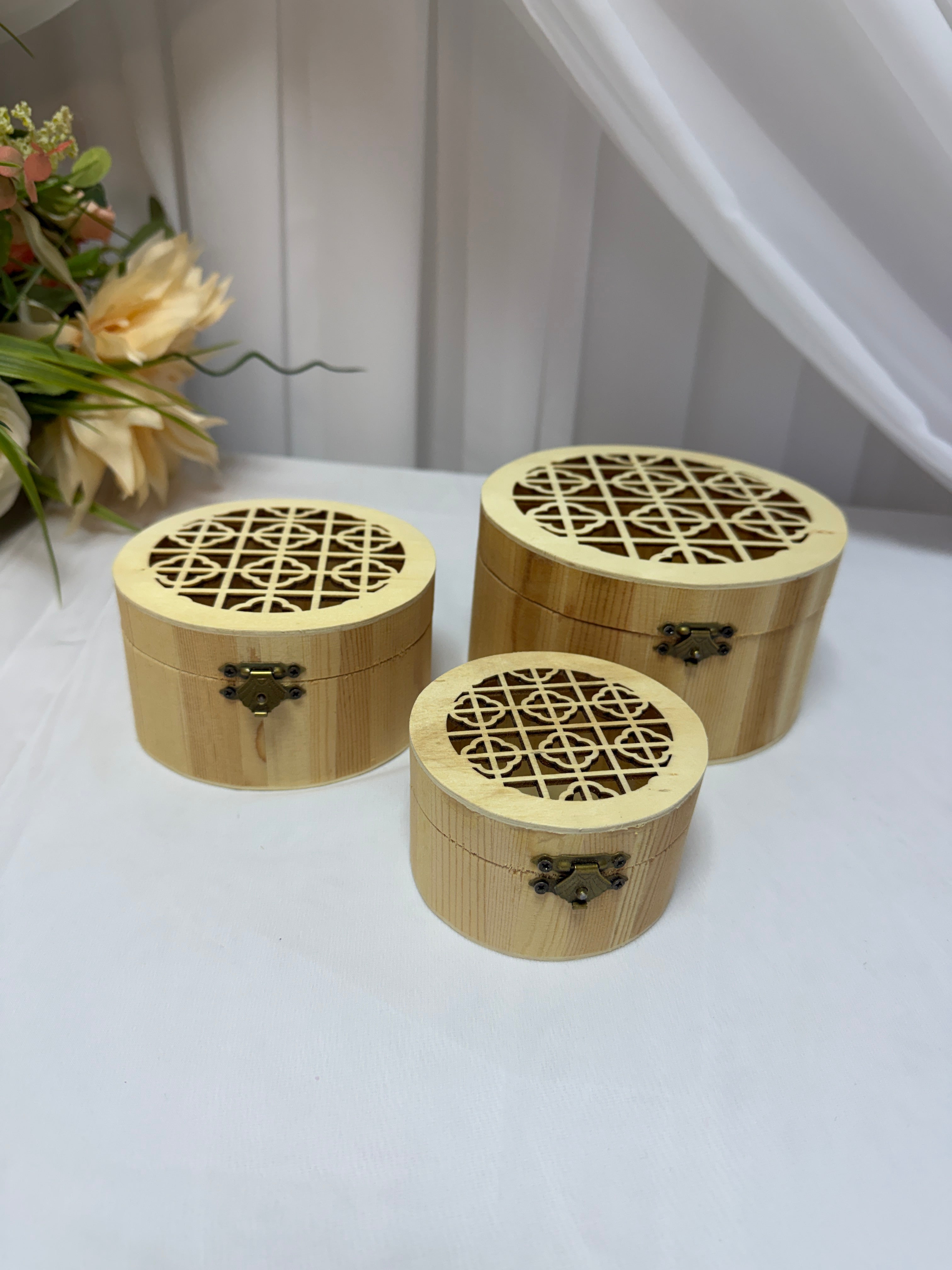 Cutie Lemn Natur Rotunda Perforat Patrat-Cercuri 3/set Rotunda