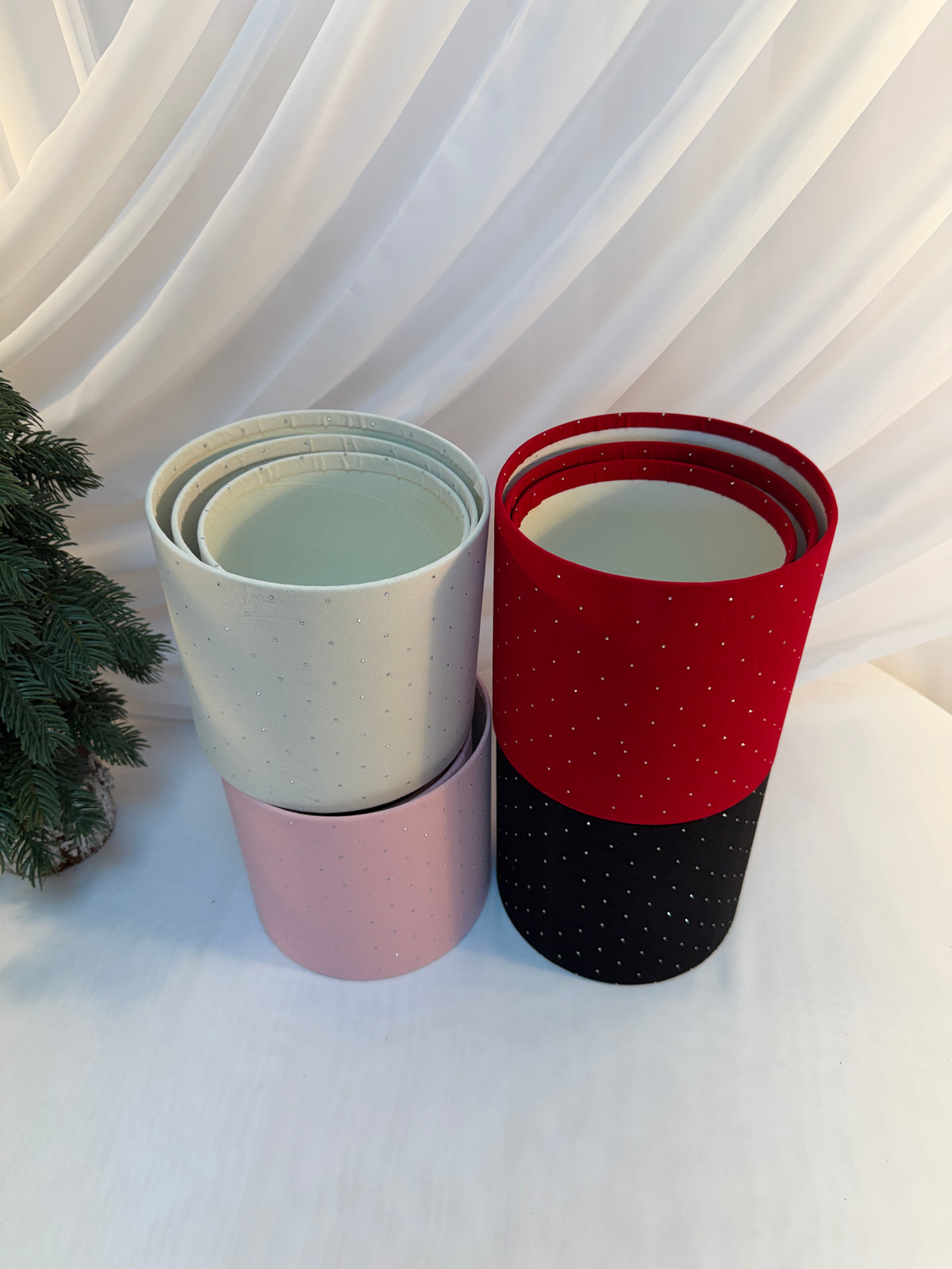 Cutii Cadou Catifea Cu Strasuri Cilindru Fara Capac 3/set