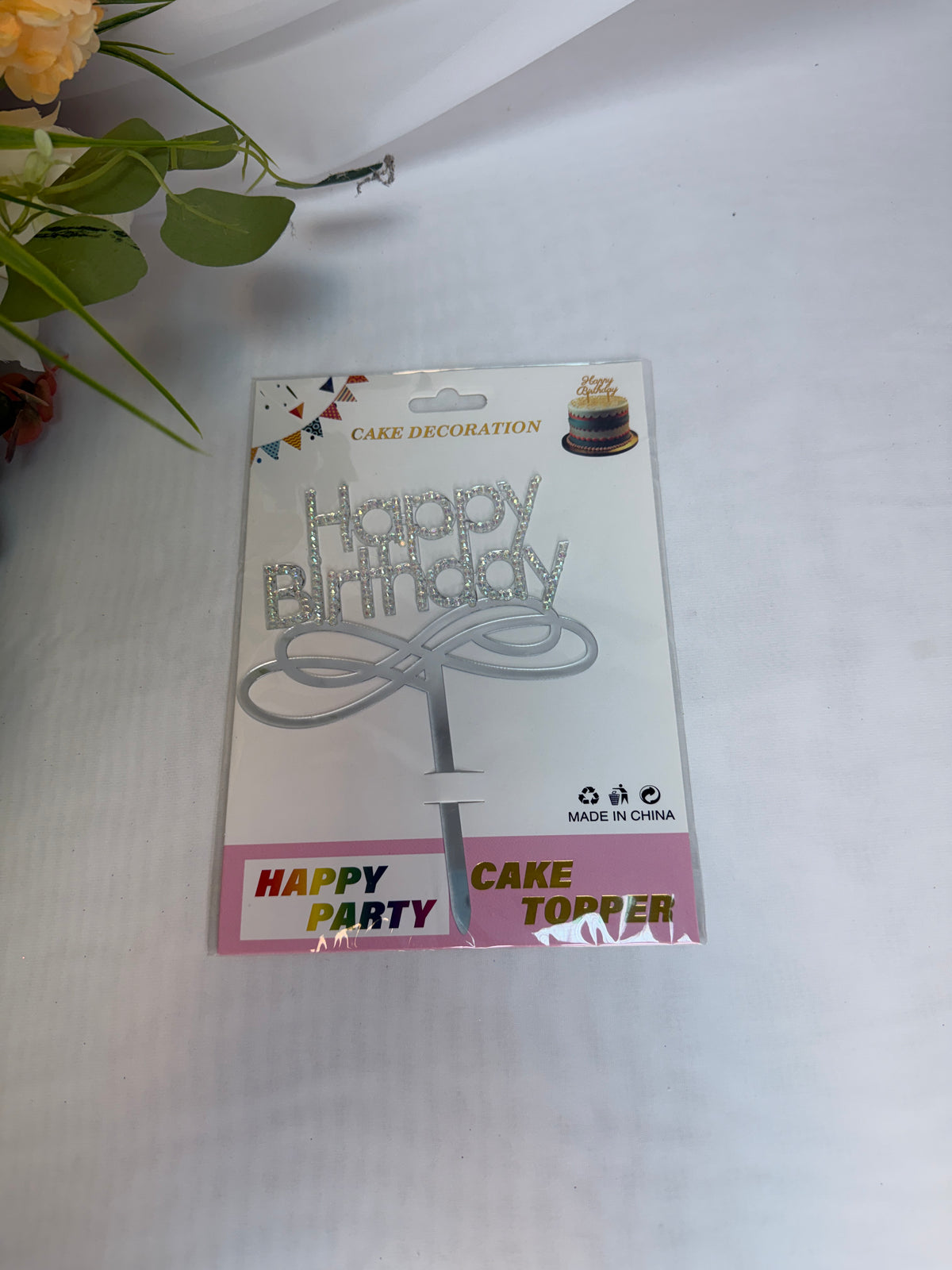 Topper Tort Happy Birthday cu Strasuri, din Plastic, 17 x 13 cm – Decorațiune Aniversare